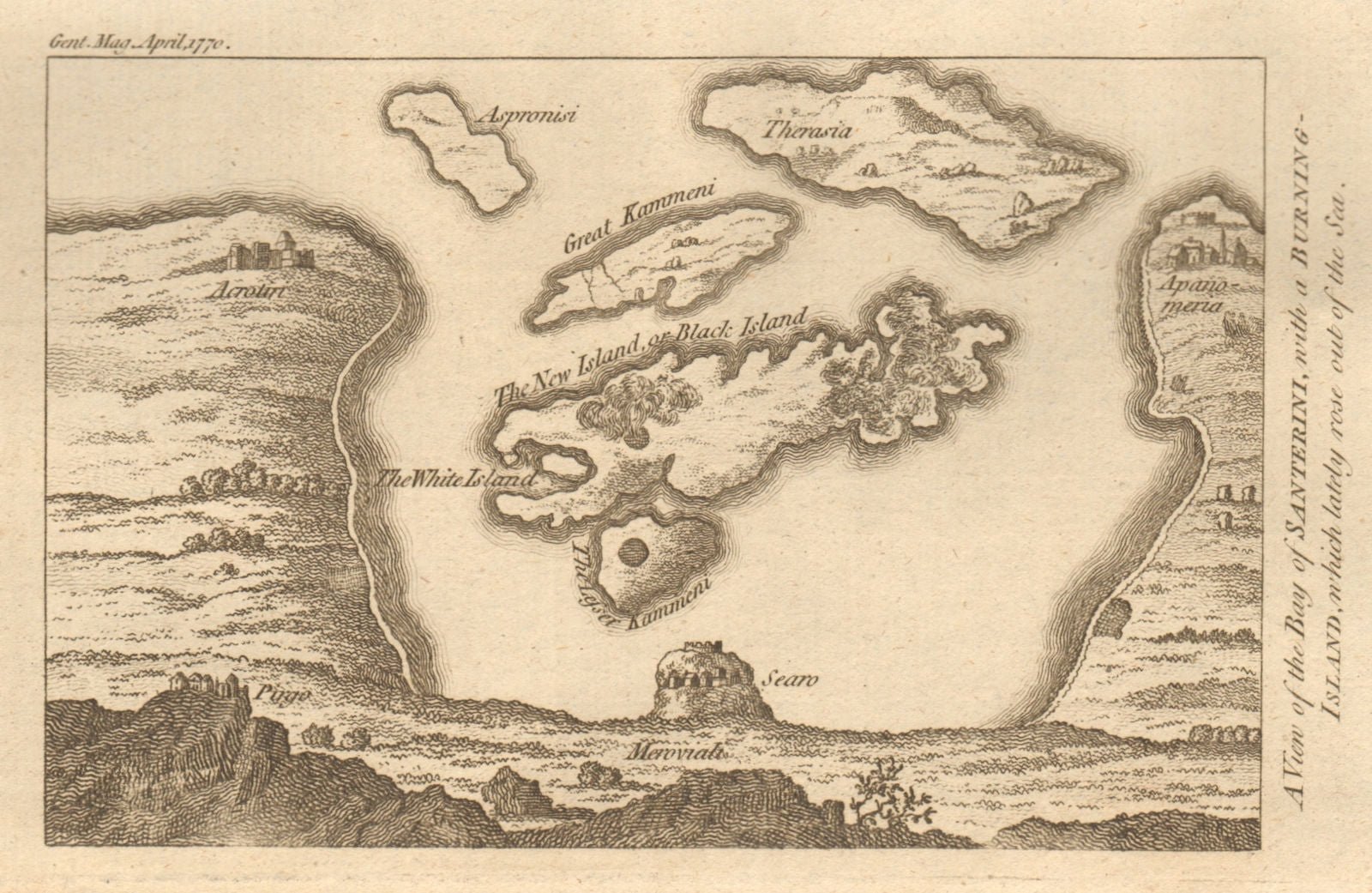 The Bay of Santerini with a burning island… Santorini. GENTS MAG 1770 old map